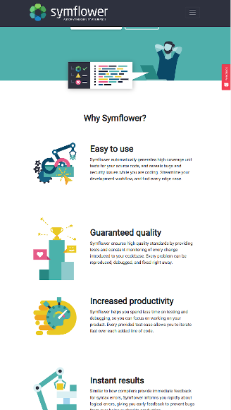 Symflower’s homepage when not using the viewport tag.