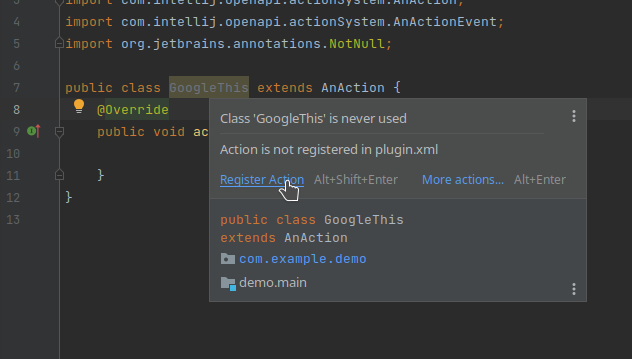 Mouseover-popup over the "GoogleThis" class name showing a clickable link titled "Register Action". Mouseover-popup over the "GoogleThis" class name showing a clickable link titled "Register Action".