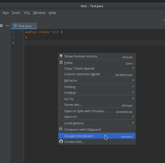 The "Google this please!" item visible in a context menu. The "Google this please!" item visible in a context menu.