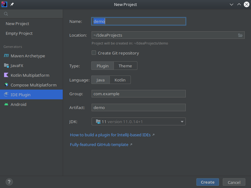 The "New Project" wizard with the "IDE Plugin" template highlighted The "New Project" wizard with the "IDE Plugin" template highlighted