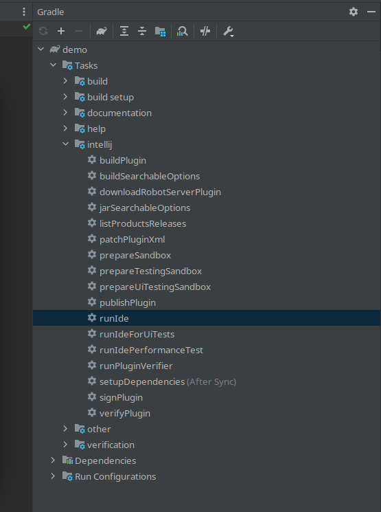 Gradle panel showing a bunch of tasks related to plugin development; The "runIde" task is selected. Gradle panel showing a bunch of tasks related to plugin development; The "runIde" task is selected.